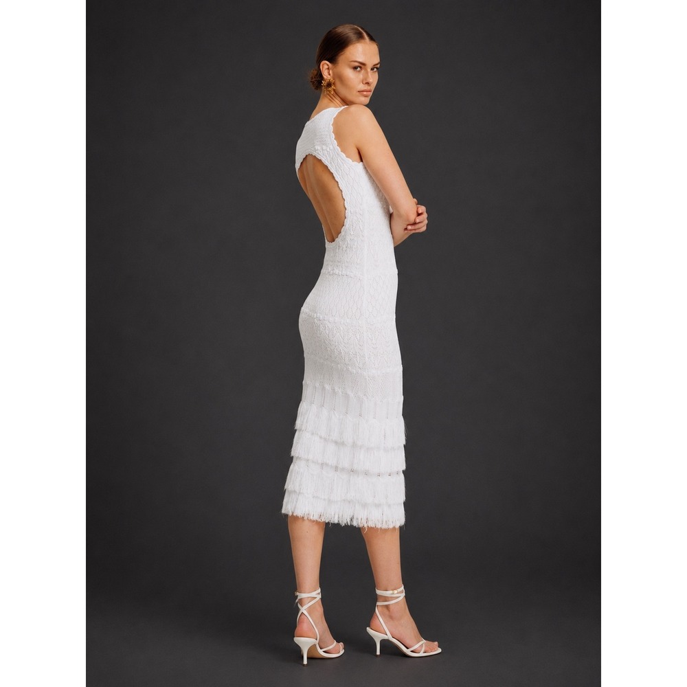 Torn by Ronny Kobo Ryan White Open Back Knit Fringe Bodycon Crochet Midi Dress M